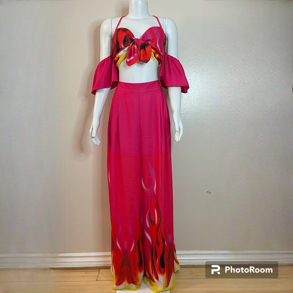 Pink flame print bow front shirred bandeau cold shoulder top  high waisted pants